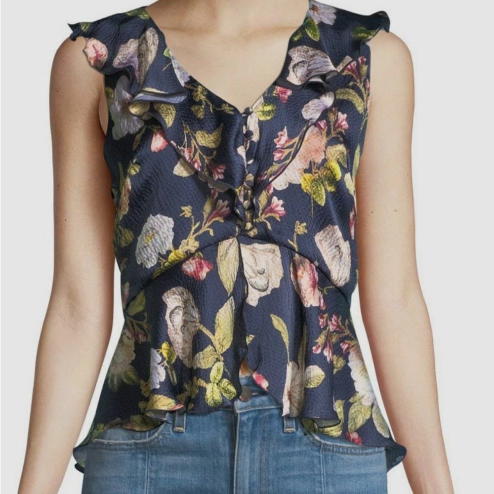 Alice + Olivia Blue Nora Floral Ruffle Silk Peplum Blouse Top Size 4 Nwt $265